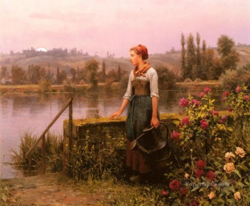 three women at the table by the lamp Painting - A Woman With A Watering Can By The River countrywoman Daniel Ridgway Knight